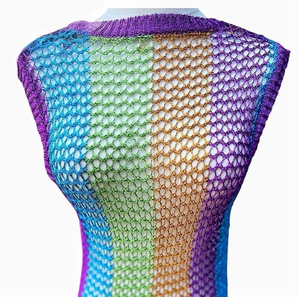 Festival Metallic Shimmer Rainbow Mesh Maxi Dress Coverup Size S/M EUC - Picture 3 of 6